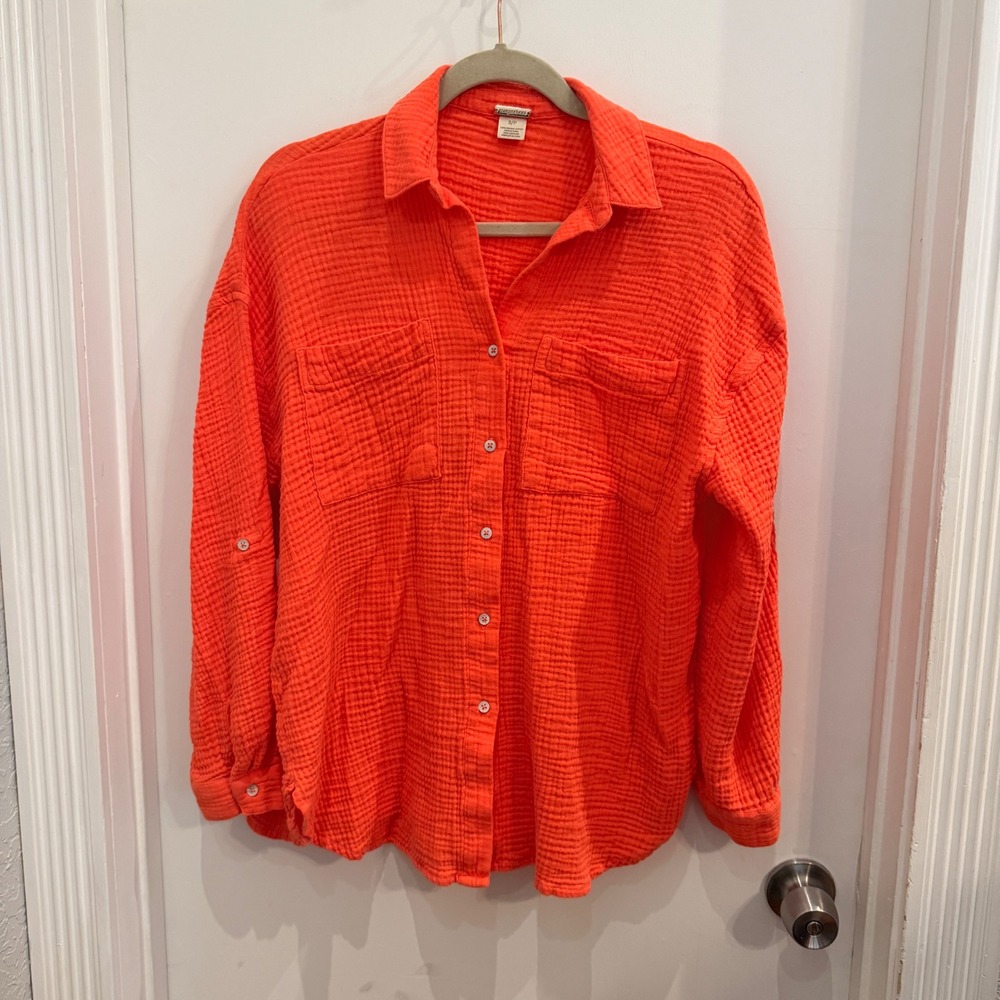 Magaschoni Organic Cotton Gauze Button Down Shirt Size S Orange Oversized Boho